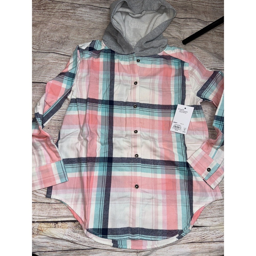 Girls SO Hooded Plaid Flannel Small (7) Pink Navy NEW